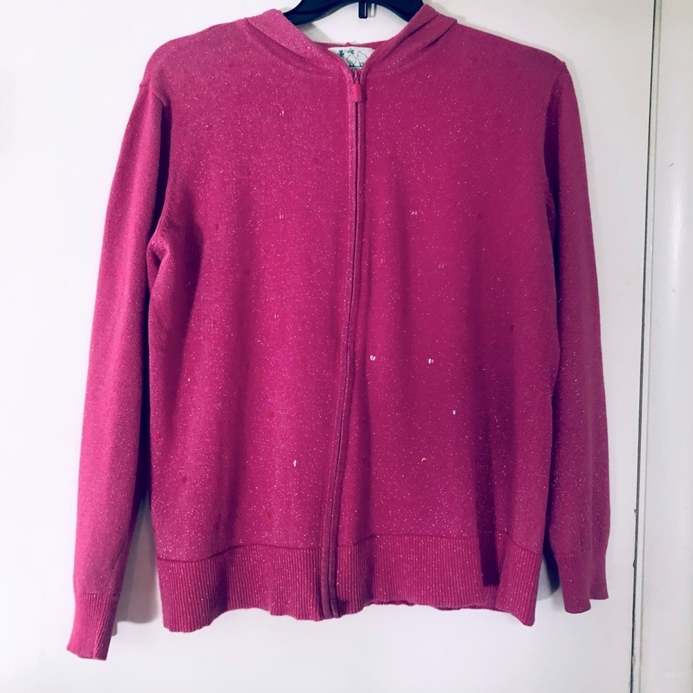 Quacker Factory Sparkle Pink Sweater Hooded  Sequins Zip Large
